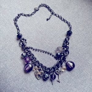 Purple Beaded Charm Necklace With Heart Lock and Key Charms